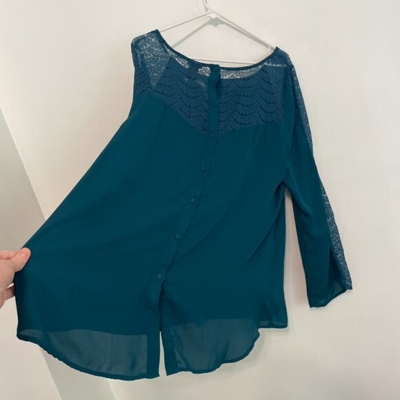 TORRID 2 Plus Size Lace Inset Georgette Blouse Solid Teal Blue Green Long Sleeve - Picture 16 of 16